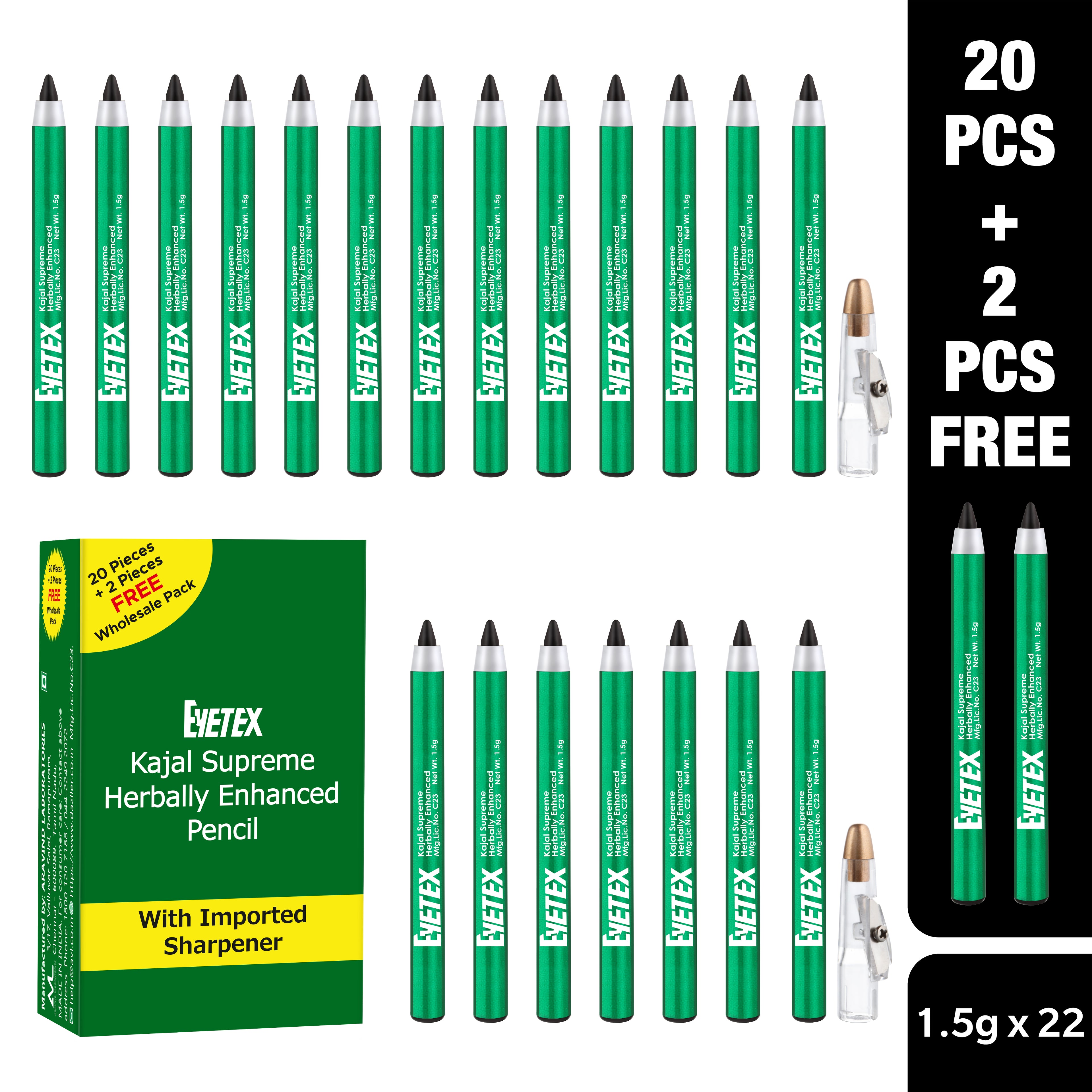 Kajal Supreme Herbally Enhanced | Black, 1.5g | Wholesale Pack | 20 Pcs + 2 Pcs Free