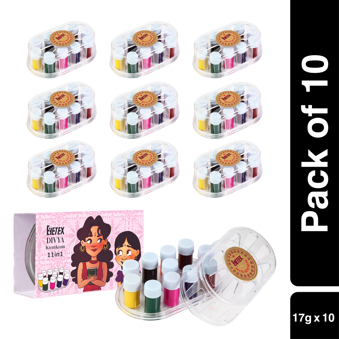 Divyaa Kumkum 11-in-1 Wholesale Pack | 17 Grams Each | Pack of 10